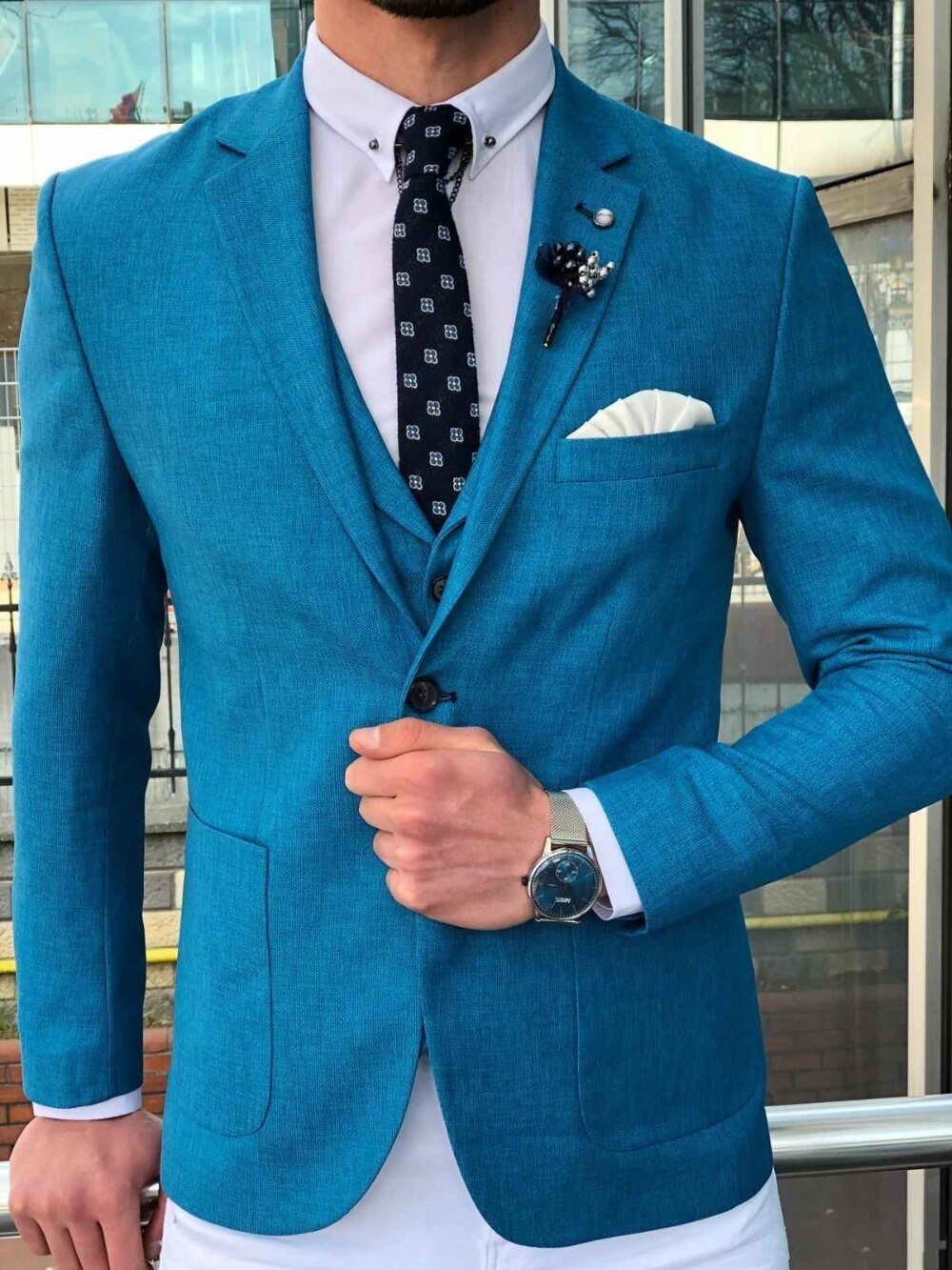 Blue Formal Men Suits Wedding Tuxedos Grooms Bride Men Dinner Wear Blazers Outfits Sets Business Suit (Jackets+Vests+Pants)