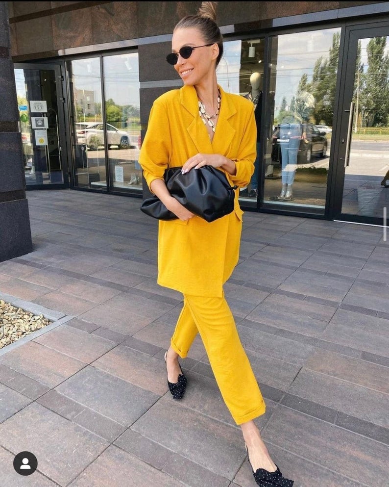 Traje de chaqueta de calle para mujer, de verano, amarillo, ajustado, de dos botones, para fiesta de noche, graduación, oficina, esmoquin (chaqueta + pantalón) 