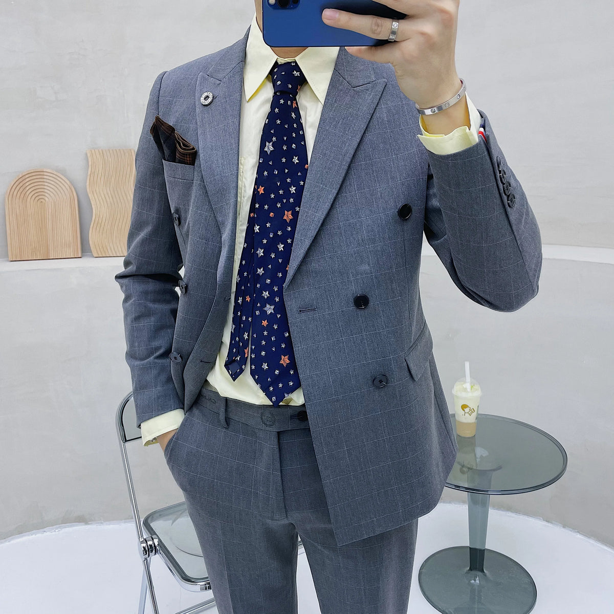 (Blazer + chaleco + pantalones) Traje clásico de celosía para hombre, conjunto de 3 piezas, trajes ajustados para hombre, doble botonadura para novio, vestido de esmoquin de boda 