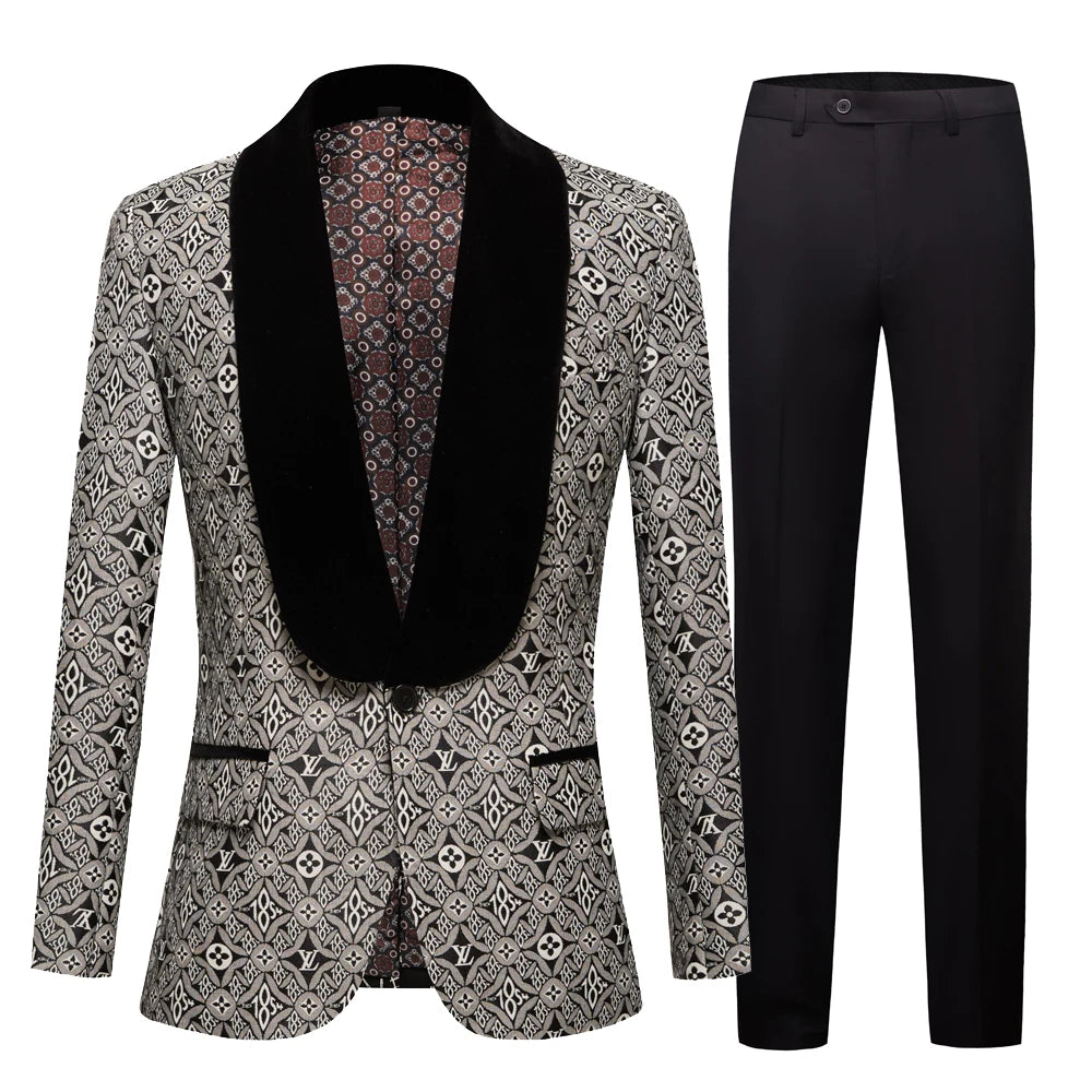 Trajes de novio blancos con solapa chal y jacquard para boda, graduación, padrino, chaqueta y pantalón, cuello negro