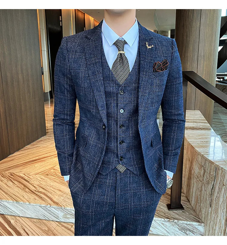 Traje de hombre de estilo británico de talla grande, traje de lana de tres piezas, vestido de novia para novio, ropa formal británica ajustada. 