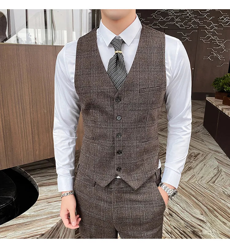 Traje de hombre de estilo británico de talla grande, traje de lana de tres piezas, vestido de novia para novio, ropa formal británica ajustada. 