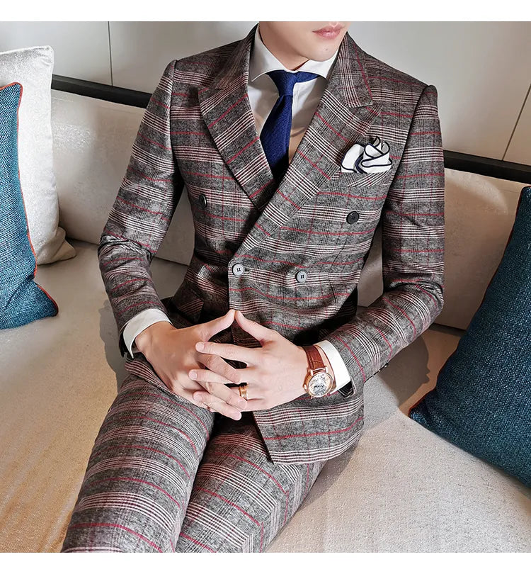 Suit Luxury Wedding Upgrade Emcee Dress Suit Men's Plaid Double-breasted Casual Dress Dinner Suit