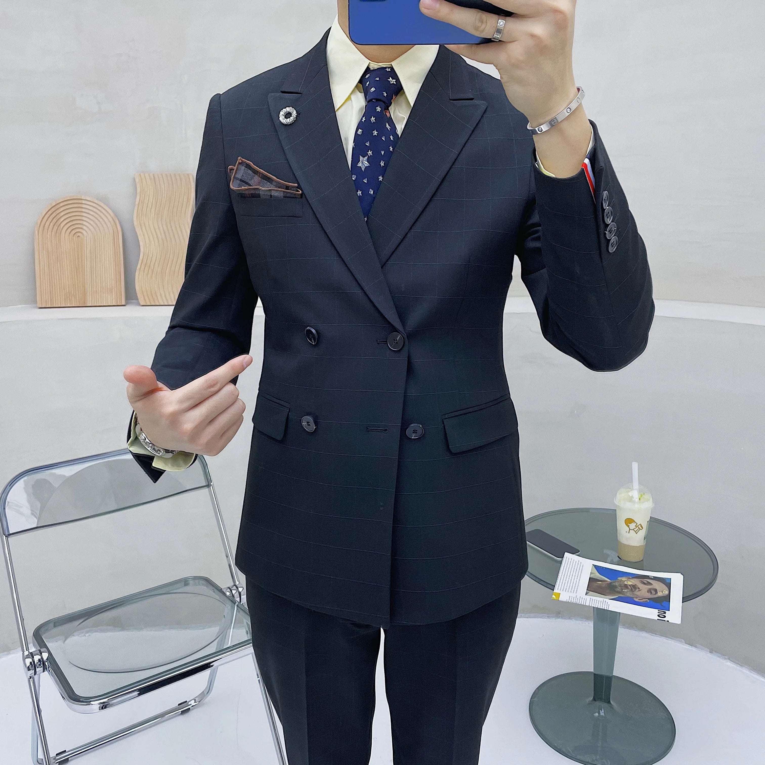 (Blazer + chaleco + pantalones) Traje clásico de celosía para hombre, conjunto de 3 piezas, trajes ajustados para hombre, doble botonadura para novio, vestido de esmoquin de boda 