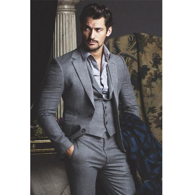 Traje de novio gris, traje de padrino, esmoquin de tweed, vestido de novia, vestido de fiesta, traje de negocios de 3 piezas (chaqueta, pantalón y chaleco) 
