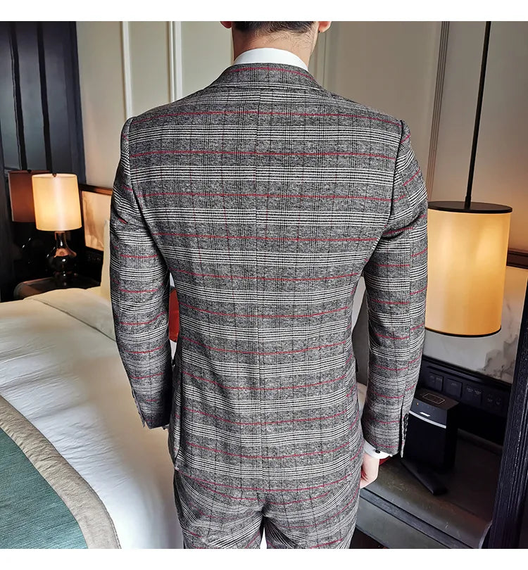 Suit Luxury Wedding Upgrade Emcee Dress Suit Men's Plaid Double-breasted Casual Dress Dinner Suit