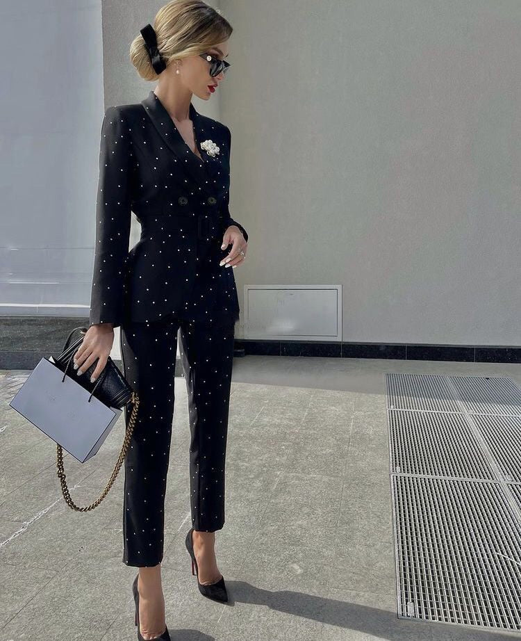 Trajes de madre de los pantalones con cuentas de perlas para damas, esmoquin de boda, ropa de invitado de fiesta de graduación, blazer de dos piezas 