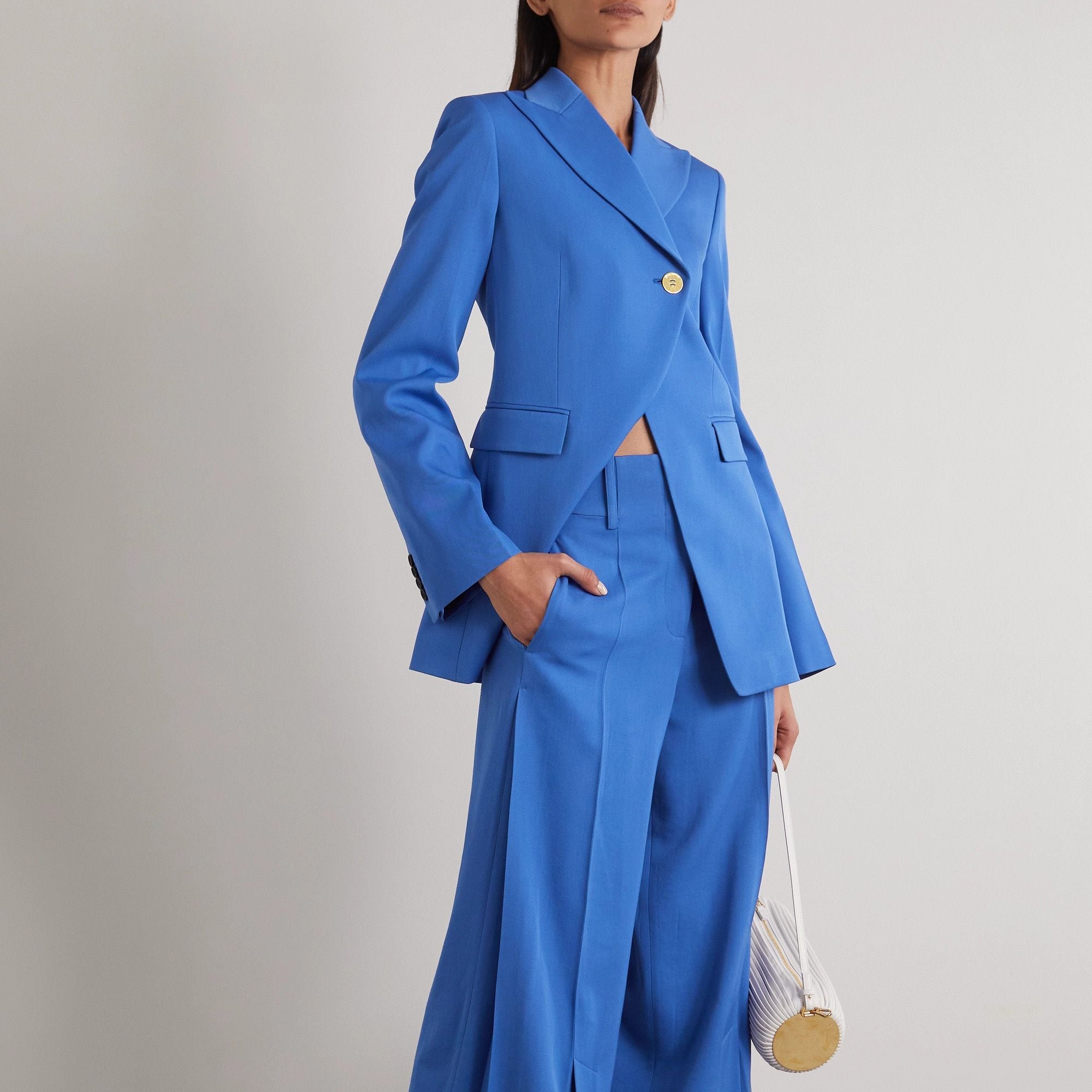 Trajes de pantalón para madre de la novia, de tweed, en azul, talla grande, para mujer, ropa formal de negocios, conjuntos de 2 piezas, uniforme de oficina 