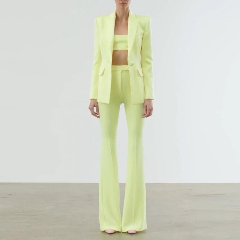 Designer Runway Suit Set Women Single Button Slim Fit Blazer Flare Pants Suit Two Pieces