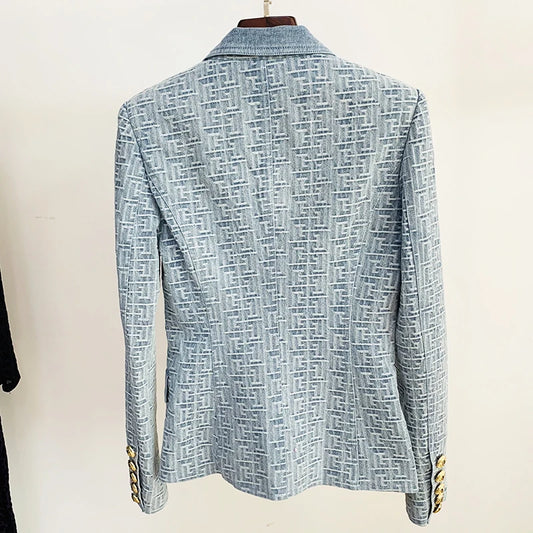 Newest Jacket Women's Double Breasted Lion Buttons Monogram Jacquard Denim Blazer
