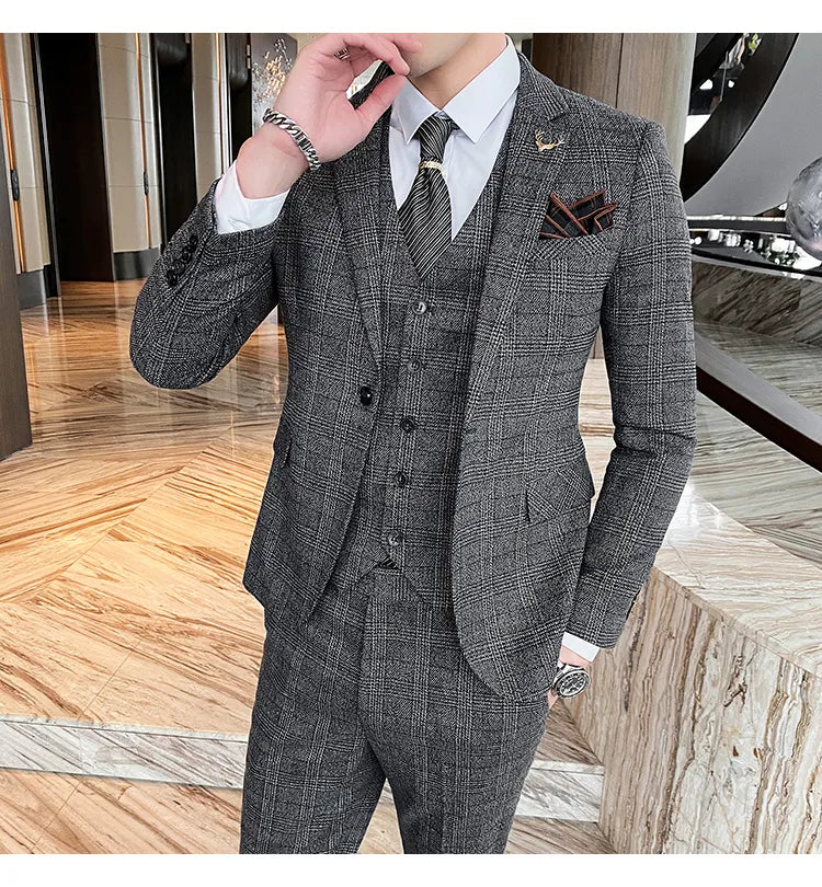 Traje de hombre de estilo británico de talla grande, traje de lana de tres piezas, vestido de novia para novio, ropa formal británica ajustada. 