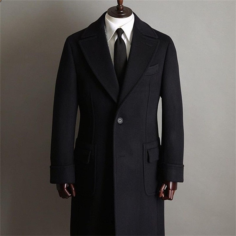 Trajes formales negros para hombre, de lana gruesa, hechos a medida, chaqueta cortavientos, esmoquin con solapa de pico, blazer de negocios largo 