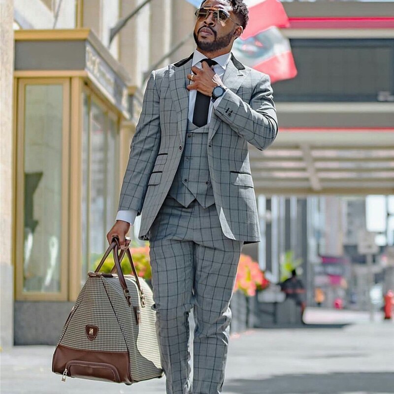 Costume 3 pièces gris à carreaux pour homme, sur mesure, pour marié, témoin, pantalon, blazer, mariage (veste, gilet, pantalon) 