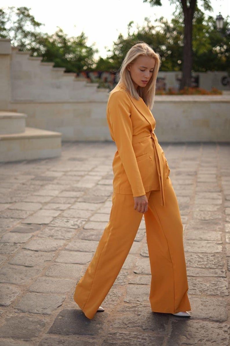 Street Style Ladies Blazer Suits with Belt Long Sleeve Bride Outfits Leisure Evening Party Wedding Wear (Jacket+Pants)