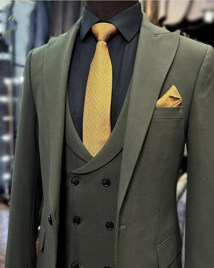 Trajes de hombre verde formal de 3 piezas, pantalón, blazer, esmoquin para fiesta, chaqueta, chaleco y pantalones personalizados. 