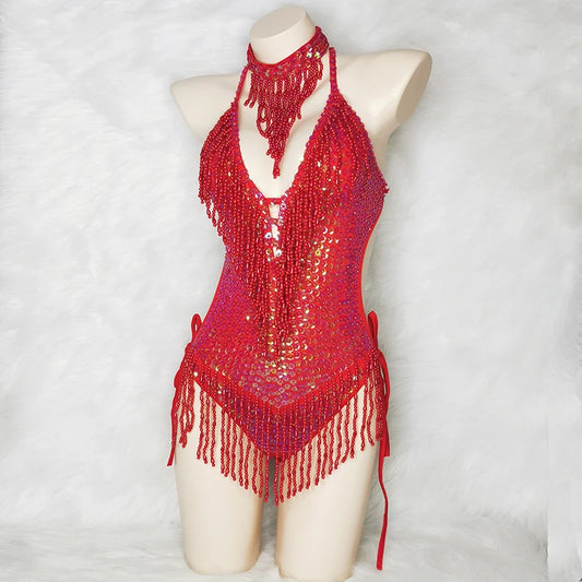 Costume brillant pour femme, combinaison une pièce rouge à paillettes et perles, tenue de soirée sexy, tenue de spectacle sur scène, vêtements de danse 