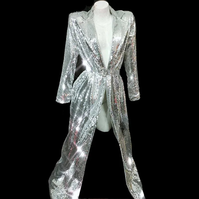 Fashion Women Sparkly Sequins Coat Female Singer DJ Stage Show Silver Jacket Cloak Open Stitch Ds Performance Costume