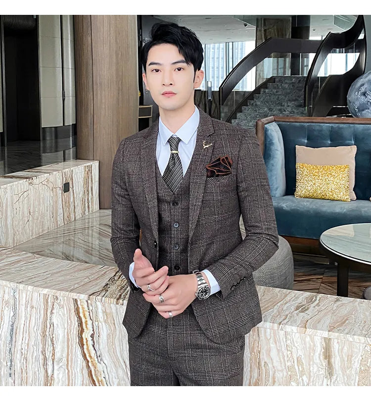 Traje de hombre de estilo británico de talla grande, traje de lana de tres piezas, vestido de novia para novio, ropa formal británica ajustada. 