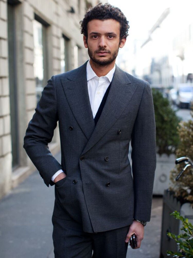 Costume 2 pièces gris foncé à double boutonnage pour homme, coupe slim, smoking de mariage, sur mesure, pour bal de promo, mariage, affaires