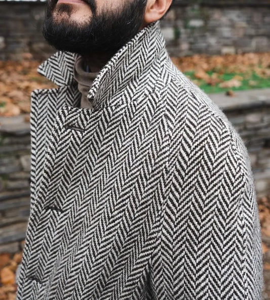 Herrigbone Gray Long Overcoat Men Suits Buttons Shawl Lapel Work Wear Winter Warm Coat Plus Size Custom Made Tailored