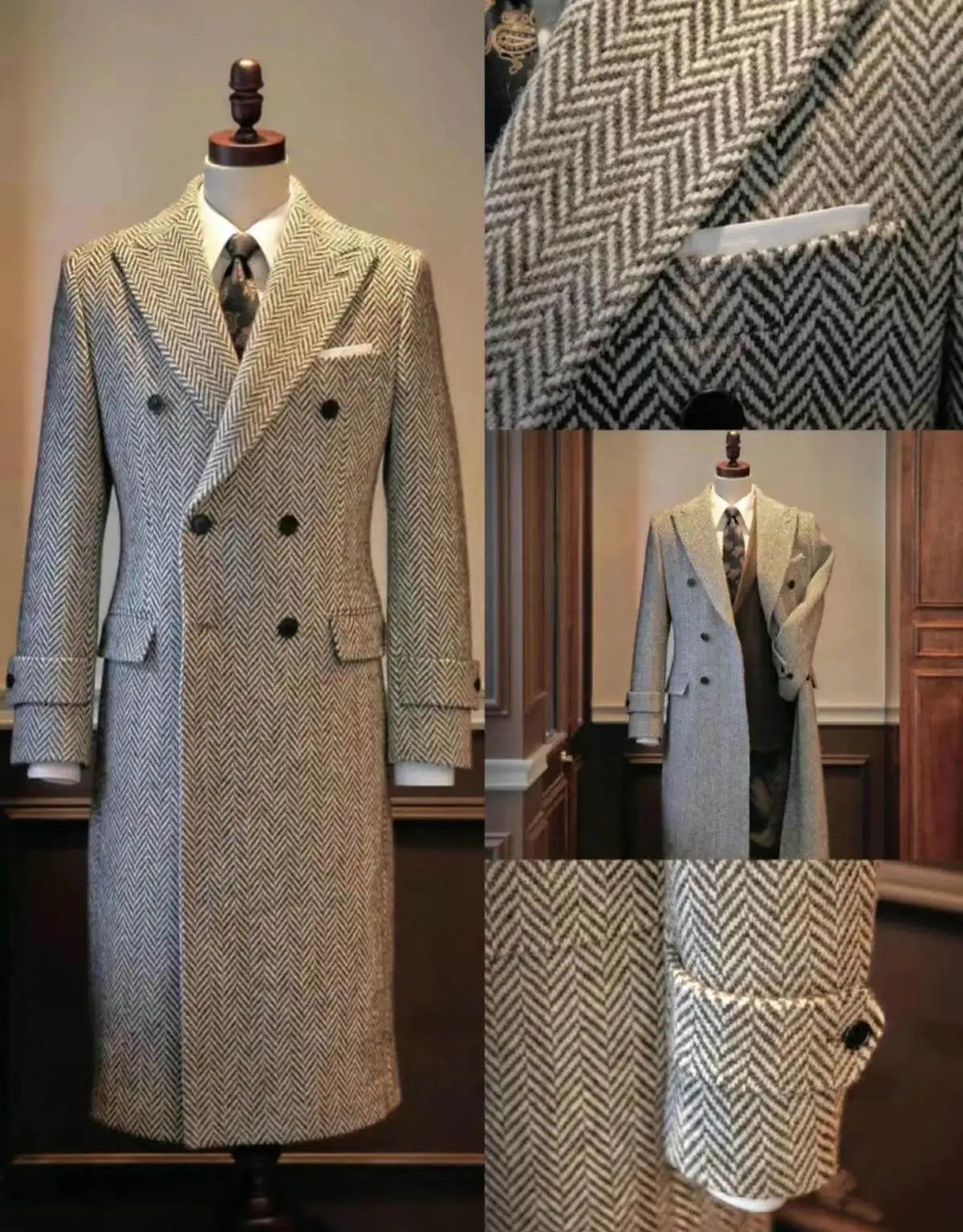 Abrigo de espiga para hombre, chaqueta larga de lana cruzada de invierno, elegante, informal, de moda de invierno, chaqueta cálida inglesa, hecha a medida