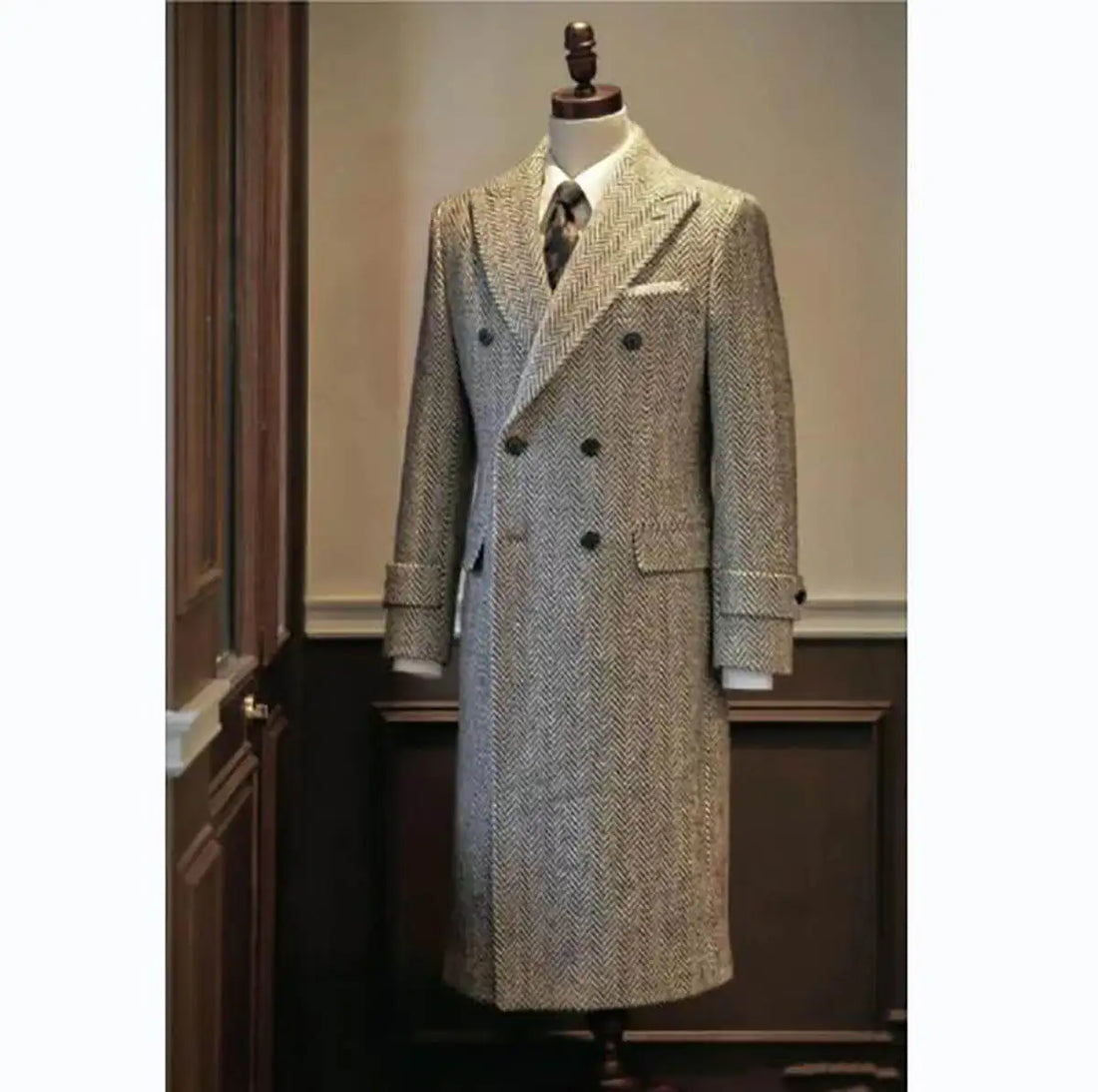 Abrigo de espiga para hombre, chaqueta larga de lana cruzada de invierno, elegante, informal, de moda de invierno, chaqueta cálida inglesa, hecha a medida
