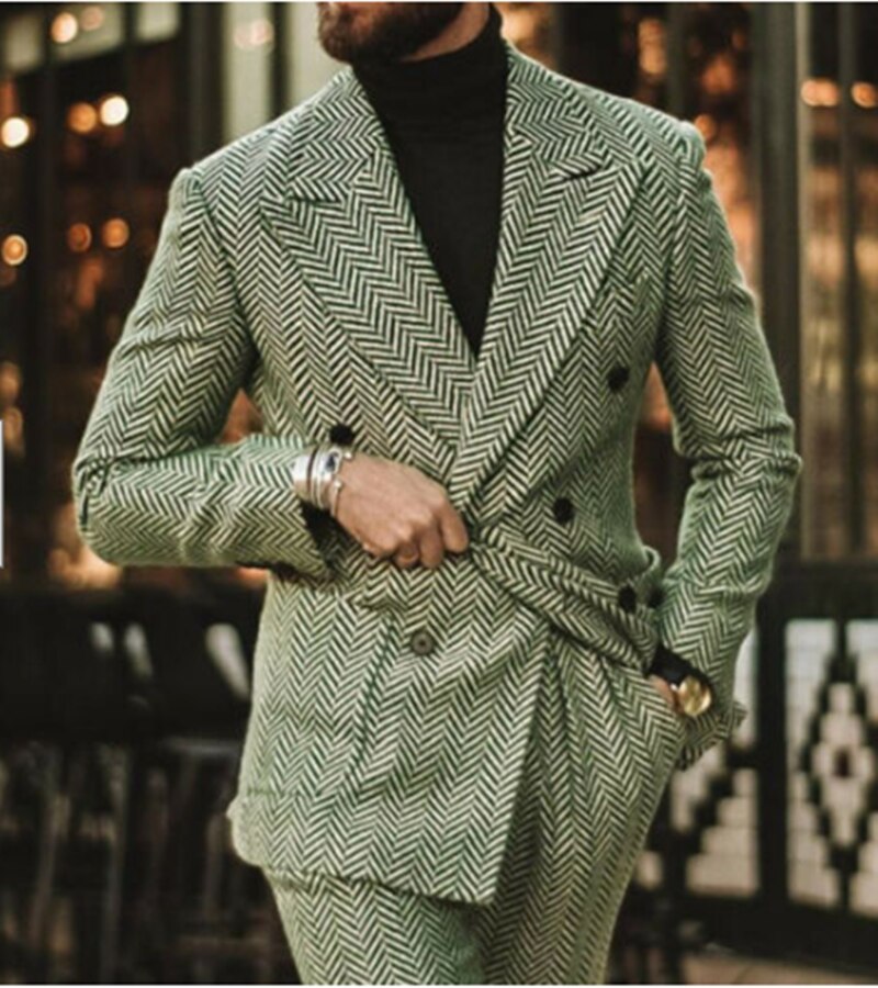 Herringbone Men Suit Slim Fit 2pcs Wool Blend Double Breasted Tuxedos Formal Tailored Formal Business Wedding Prom Daily