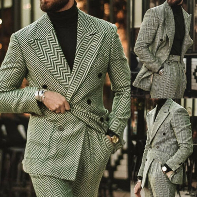 Herringbone Men Suit Slim Fit 2pcs Wool Blend Double Breasted Tuxedos Formal Tailored Formal Business Wedding Prom Daily