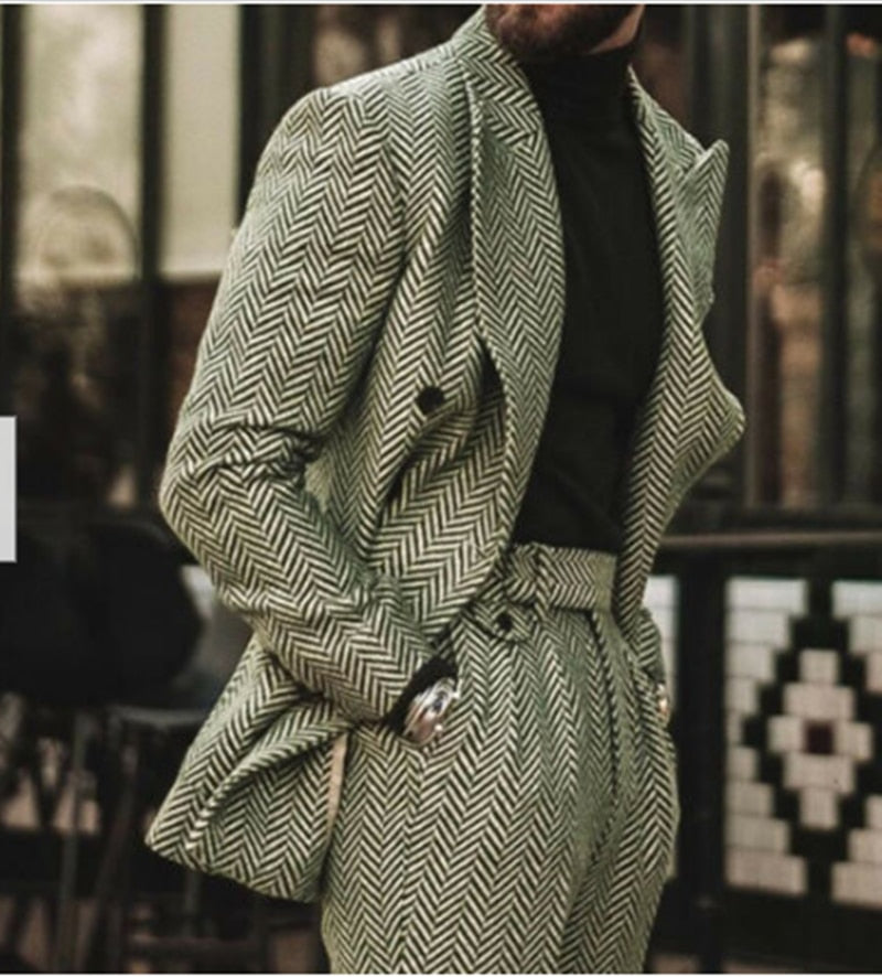 Herringbone Men Suit Slim Fit 2pcs Wool Blend Double Breasted Tuxedos Formal Tailored Formal Business Wedding Prom Daily