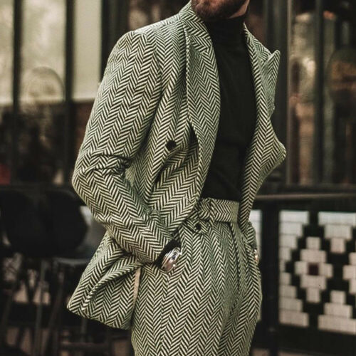 Costume homme à chevrons, coupe slim, mélange de laine, smoking croisé, formel, 2 pièces, veste et pantalon