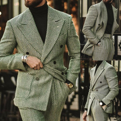 Costume homme à chevrons, coupe slim, mélange de laine, smoking croisé, formel, 2 pièces, veste et pantalon