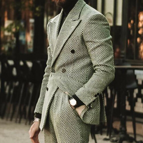 Costume homme à chevrons, coupe slim, mélange de laine, smoking croisé, formel, 2 pièces, veste et pantalon