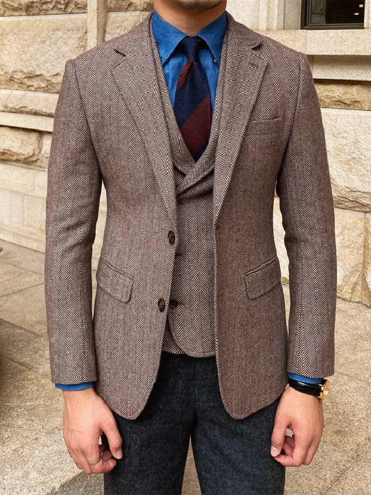 Herringbone Men Suit Tailor-Made 2 Pieces Blazer Vest Tuxedo Single Breasted BusinessModern Slim Fit Wedding Groom Prom Tailored