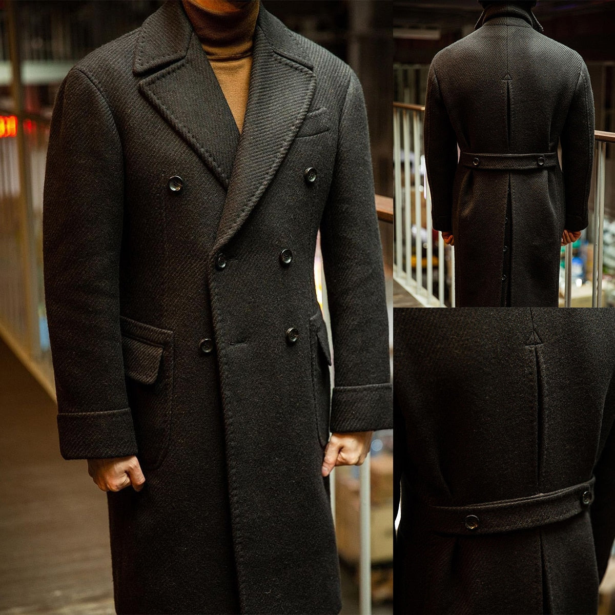 Costume homme à chevrons, pardessus en laine, croisé, revers larges, moderne, noir, hiver, chaud, formel, affaires, mariage, décontracté, bal, quotidien 
