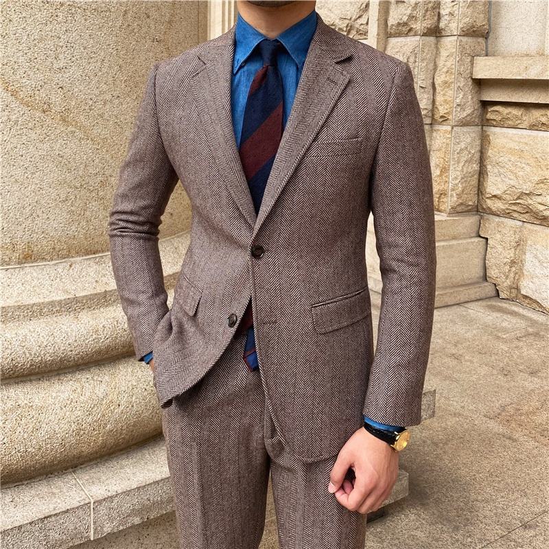 Traje de espiga para hombre, 2 piezas, blazer, pantalón, botonadura sencilla, solapa de pico, esmoquin, esmoquin de negocios moderno para boda, novio 