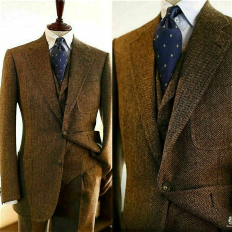 Ensemble 3 pièces en tweed à chevrons pour homme, veste, gilet et pantalon, smoking de mariage épais, sur mesure, taille personnalisée 