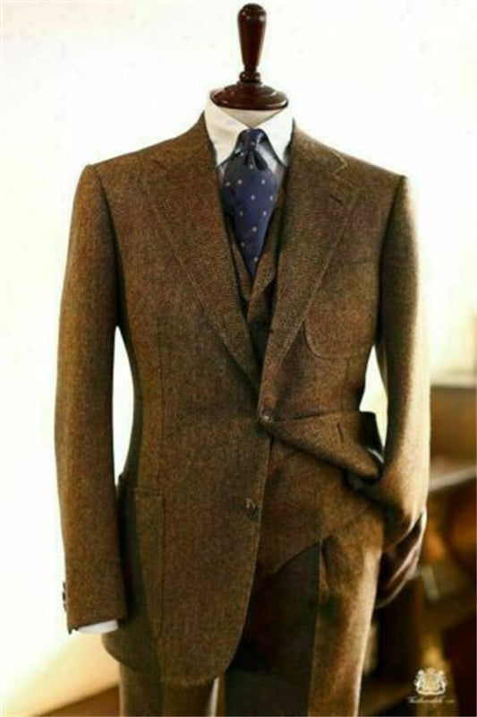 Herringbone Tweed Men Suits Blazer+Vest+Pants Set 3 Pcs Thick Wedding Groom Tuxedos Tailor-Made Custom Size Jacket Coat Outfit