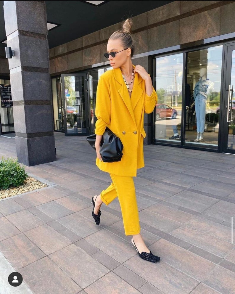 Traje de chaqueta de calle para mujer, de verano, amarillo, ajustado, de dos botones, para fiesta de noche, graduación, oficina, esmoquin (chaqueta + pantalón) 