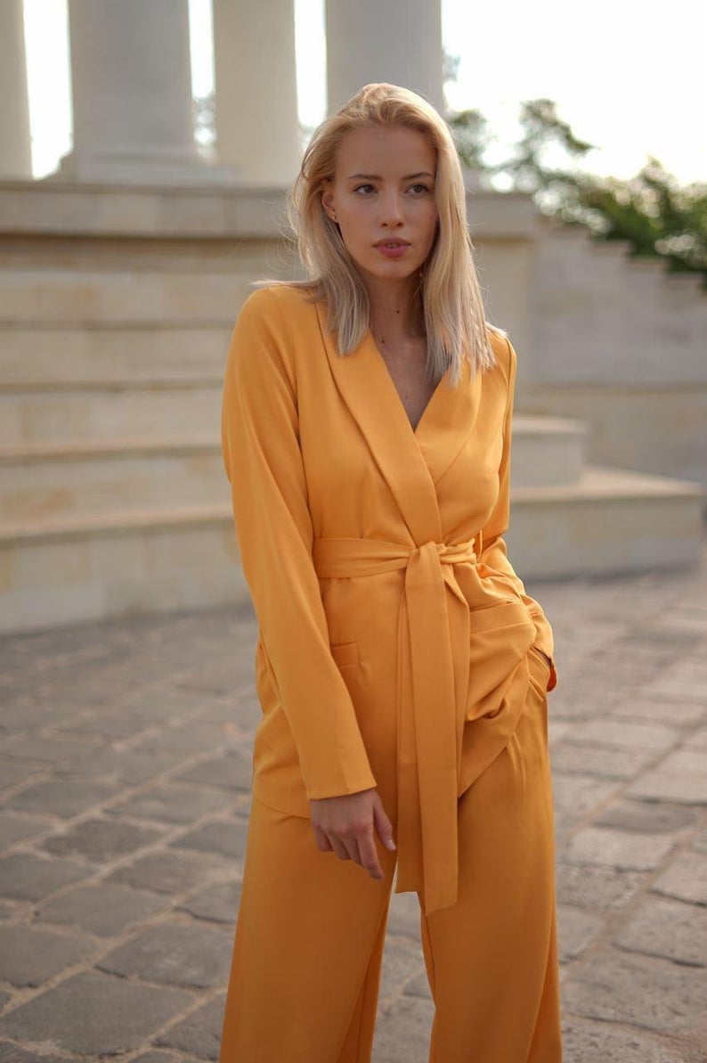 Street Style Ladies Blazer Suits with Belt Long Sleeve Bride Outfits Leisure Evening Party Wedding Wear (Jacket+Pants)
