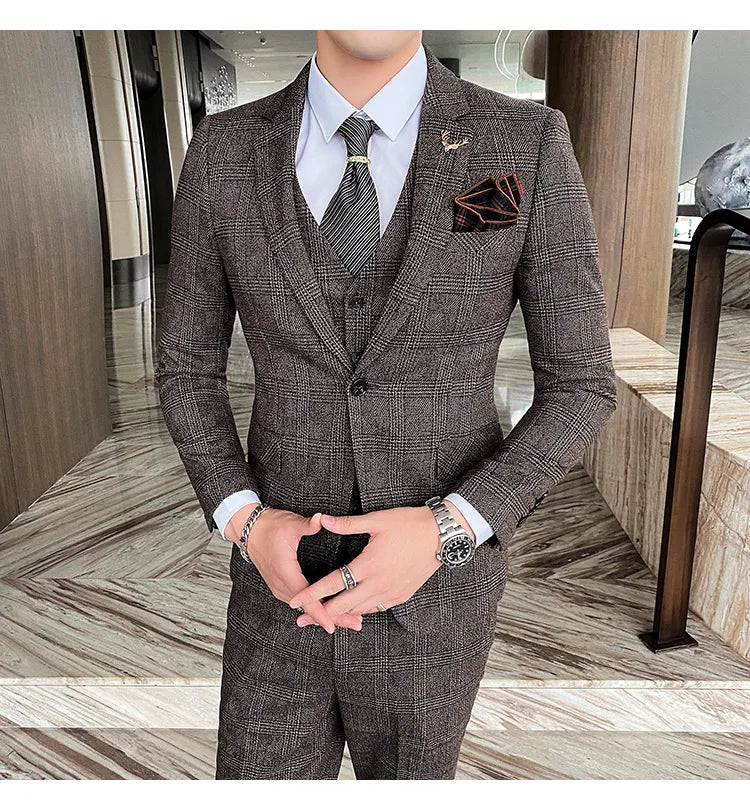 Traje de hombre de estilo británico de talla grande, traje de lana de tres piezas, vestido de novia para novio, ropa formal británica ajustada. 
