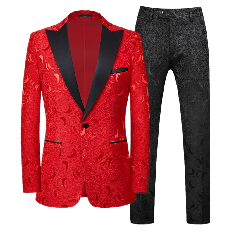 Traje de jacquard para hombre, ropa en rojo, negro y blanco, para boda, fiesta, blazer y pantalones ajustados. 
