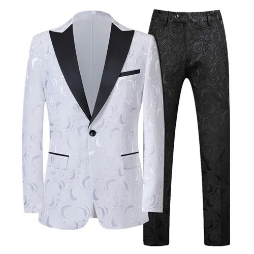 Traje de jacquard para hombre, ropa en rojo, negro y blanco, para boda, fiesta, blazer y pantalones ajustados. 