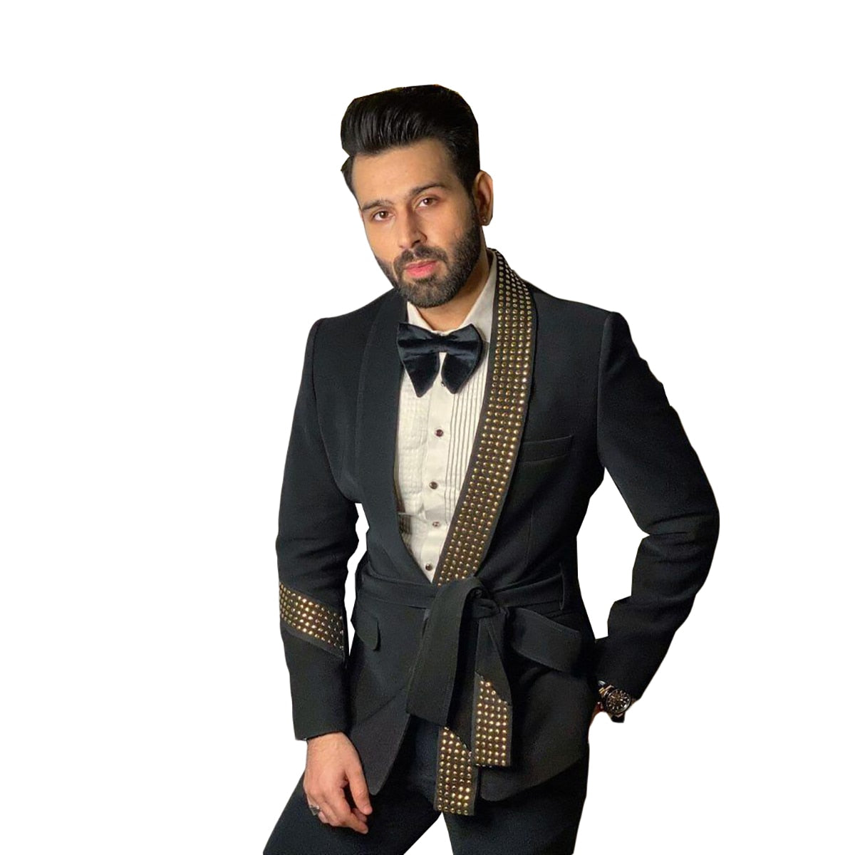 Trajes de fiesta de lentejuelas negras de alta calidad para hombre, traje de boda de una pieza, chaqueta con cinturón, traje para ocasiones formales. 