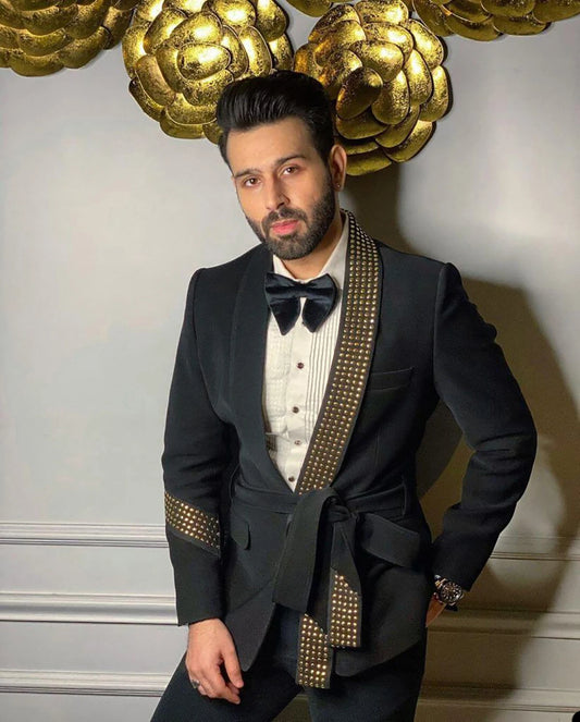 Costume de soirée à paillettes noires de haute qualité pour homme, une pièce, à la mode, pour mariage, veste, ceinture, costume pour homme, costume d'occasion formelle