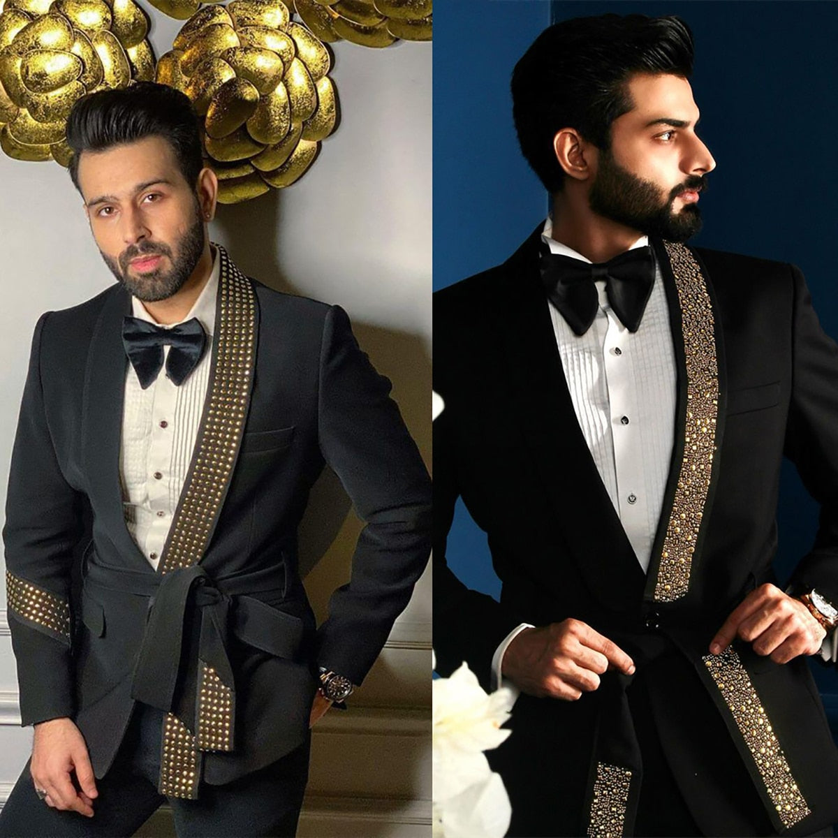 Trajes de fiesta de lentejuelas negras de alta calidad para hombre, traje de boda de una pieza, chaqueta con cinturón, traje para ocasiones formales. 
