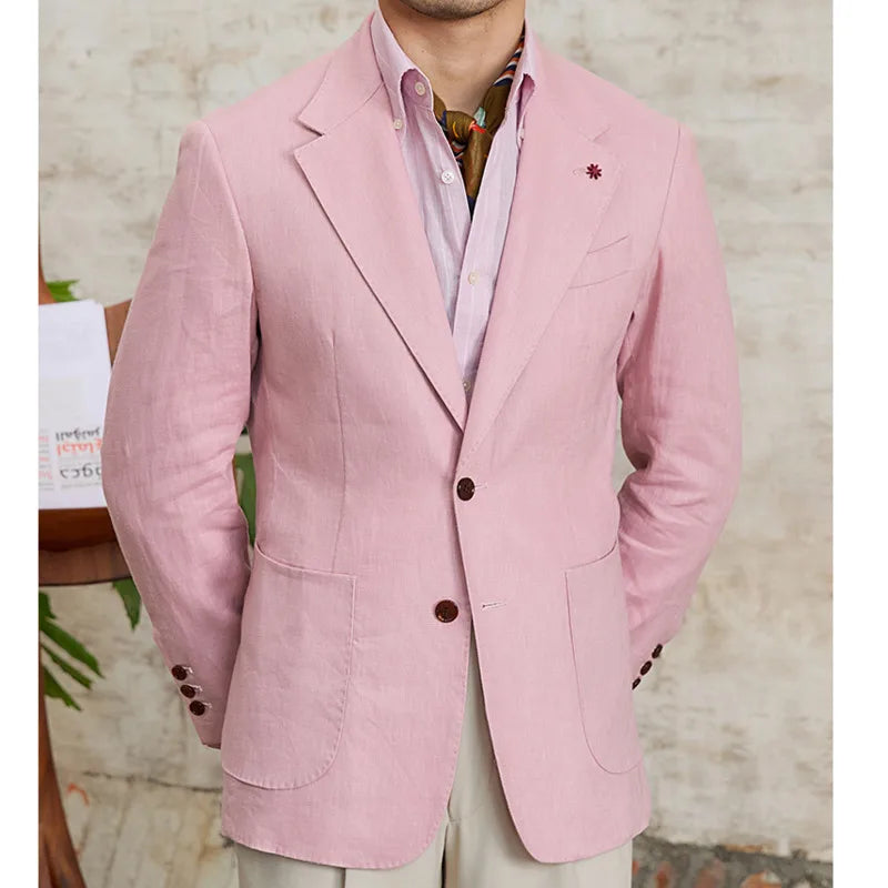 High Quality 100% Linen Italian Stylish Blazer Men Casual Breathable Half Lining Blazer Hombre Vintage Suit Jacket Pink White