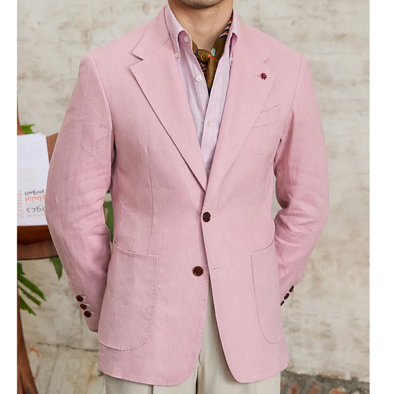 100% Linen Italian Stylish Blazer Men Casual Breathable Half Lining Vintage Suit Jacket Pink White