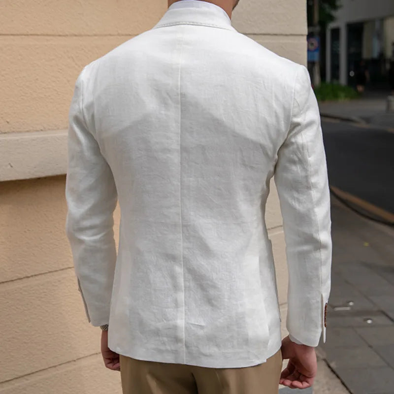 100% Linen Italian Stylish Blazer Men Casual Breathable Half Lining Vintage Suit Jacket Pink White