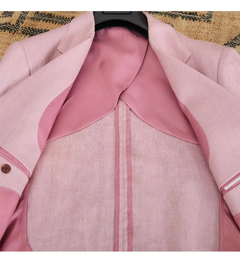100% Linen Italian Stylish Blazer Men Casual Breathable Half Lining Vintage Suit Jacket Pink White