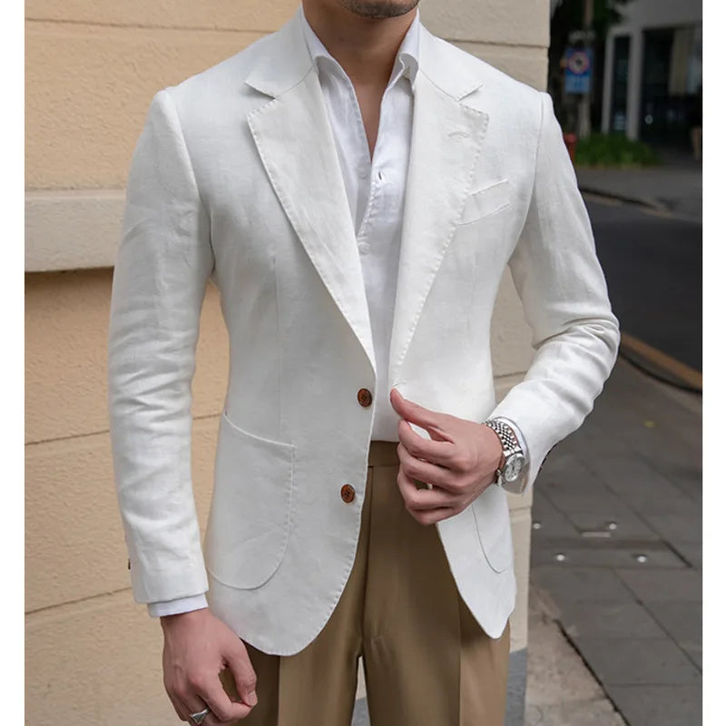 100% Linen Italian Stylish Blazer Men Casual Breathable Half Lining Vintage Suit Jacket Pink White